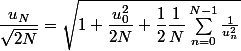 \dfrac{u_N}{\sqrt{2N}}= \sqrt{1 + \dfrac{u_0^2}{2N} + \dfrac12\dfrac1N\sum_{n=0}^{N-1} \frac1{u_n^2}}